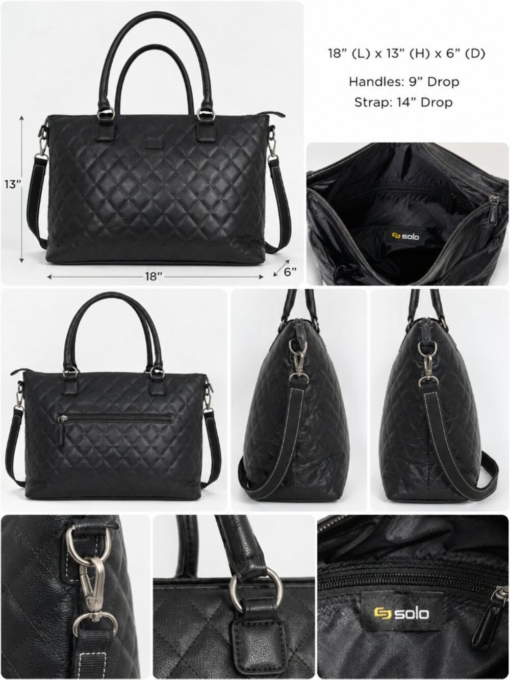 Solo Black Quilted Laptop Tote Shoulder Bag w/ Strap 18" Work Travel